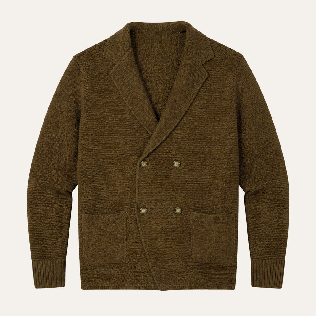Men's brown double-breasted knit cardigan with gold buttons and two front patch pockets