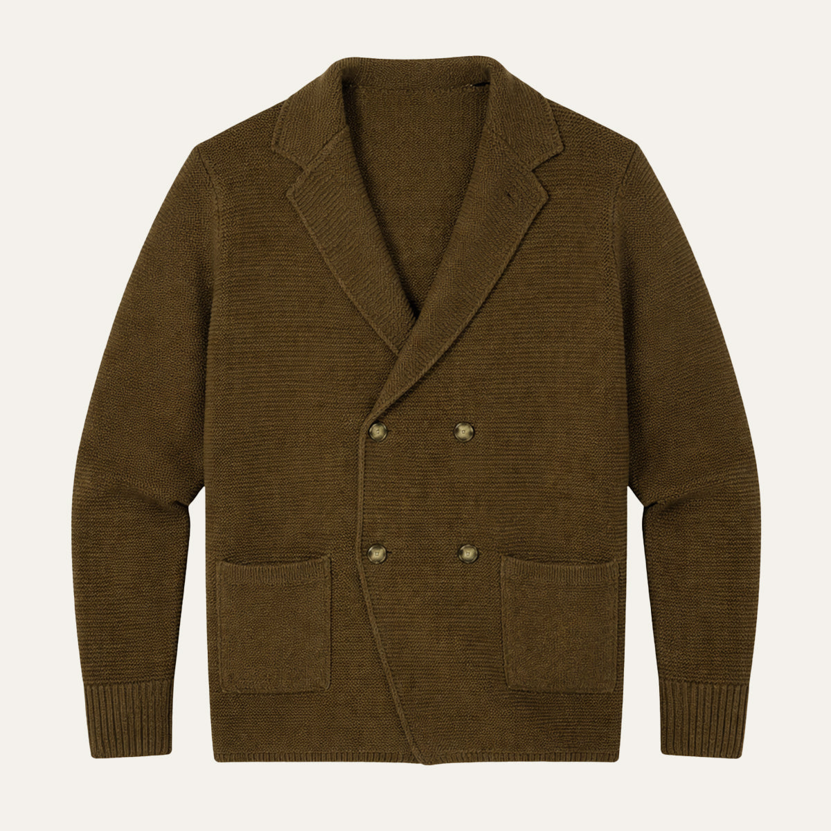 Men's brown double-breasted knit cardigan with gold buttons and two front patch pockets