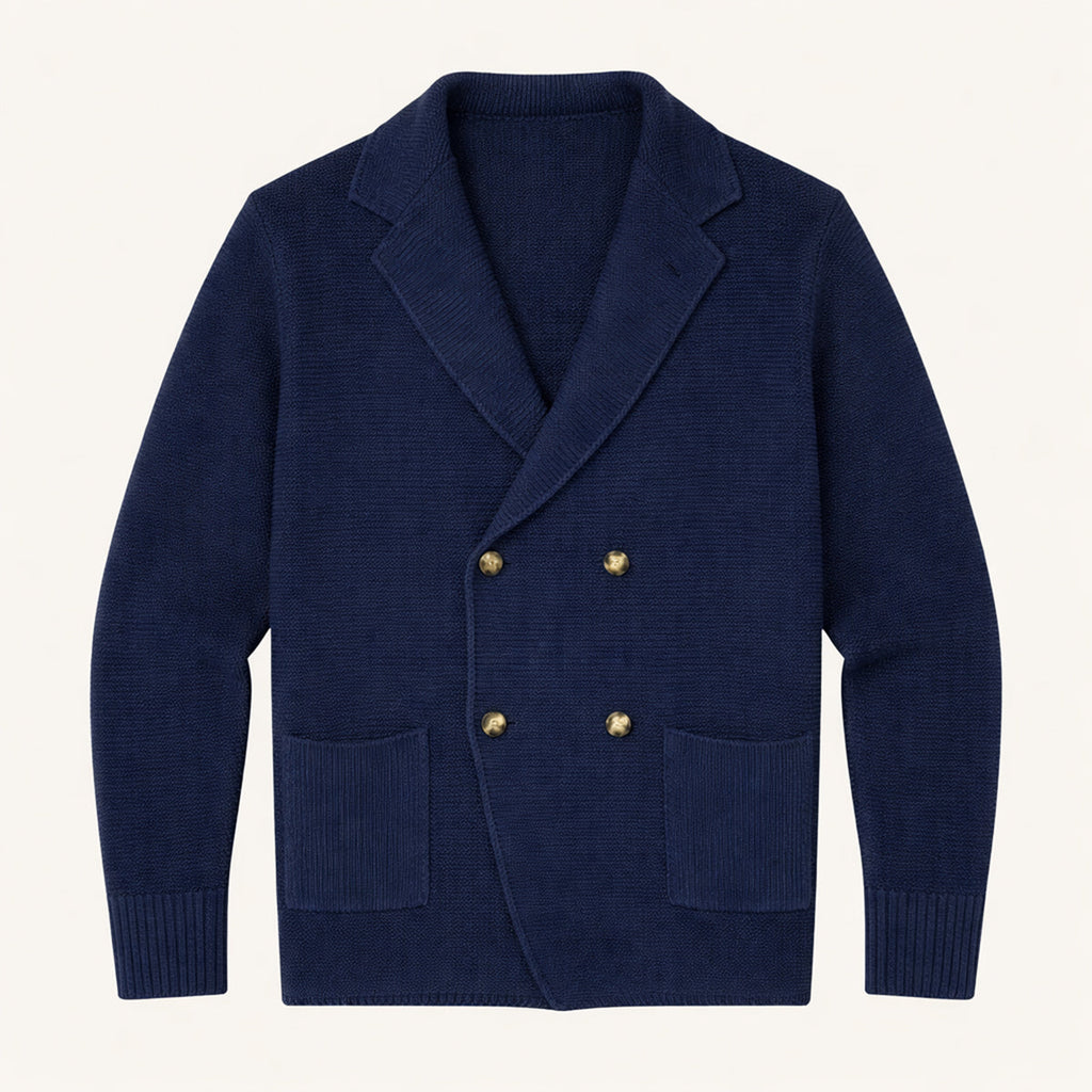 Men's navy blue double-breasted knit cardigan with gold buttons and two front patch pockets