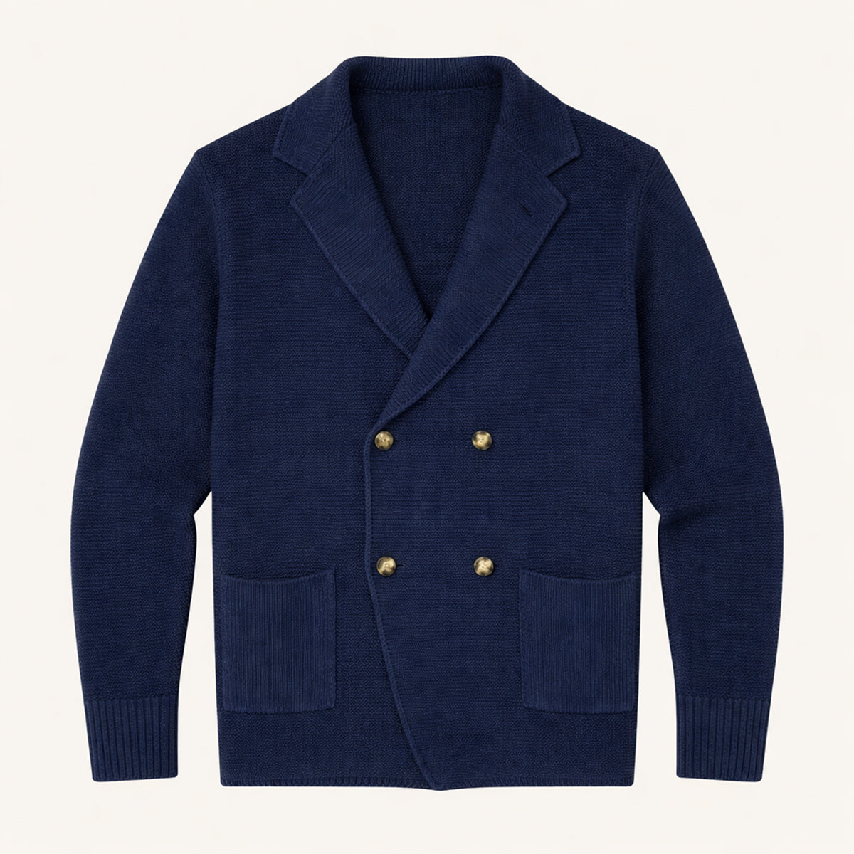 Men's navy blue double-breasted knit cardigan with gold buttons and two front patch pockets