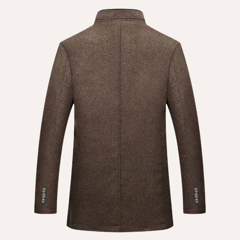 Brown wool overcoat, center back seam, stand collar, button cuffs
