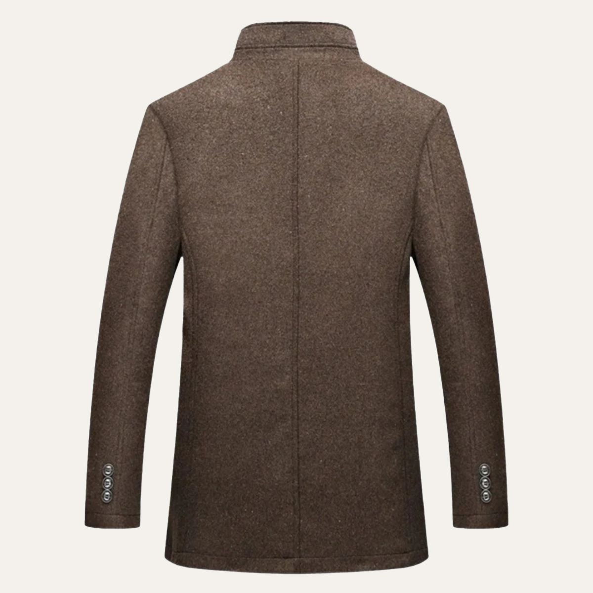Brown wool overcoat, center back seam, stand collar, button cuffs