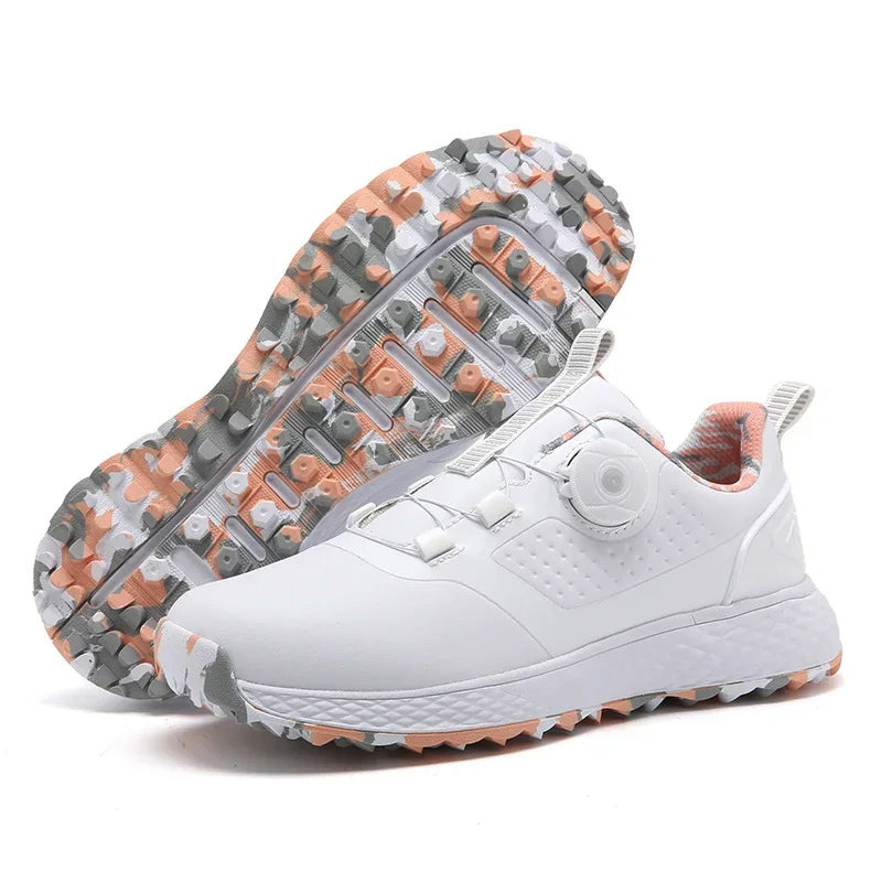 Dial-Fit golf shoe, white upper with camo tread outsole and round lace cover