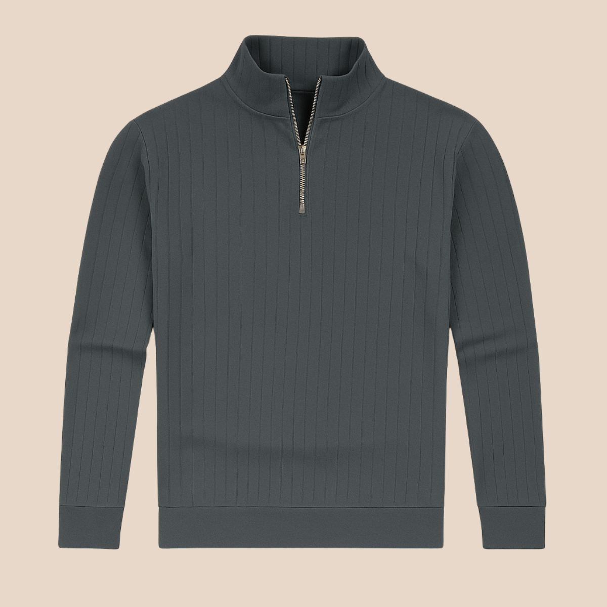 Gray ribbed half-zip sweater with stand collar and zipper placket