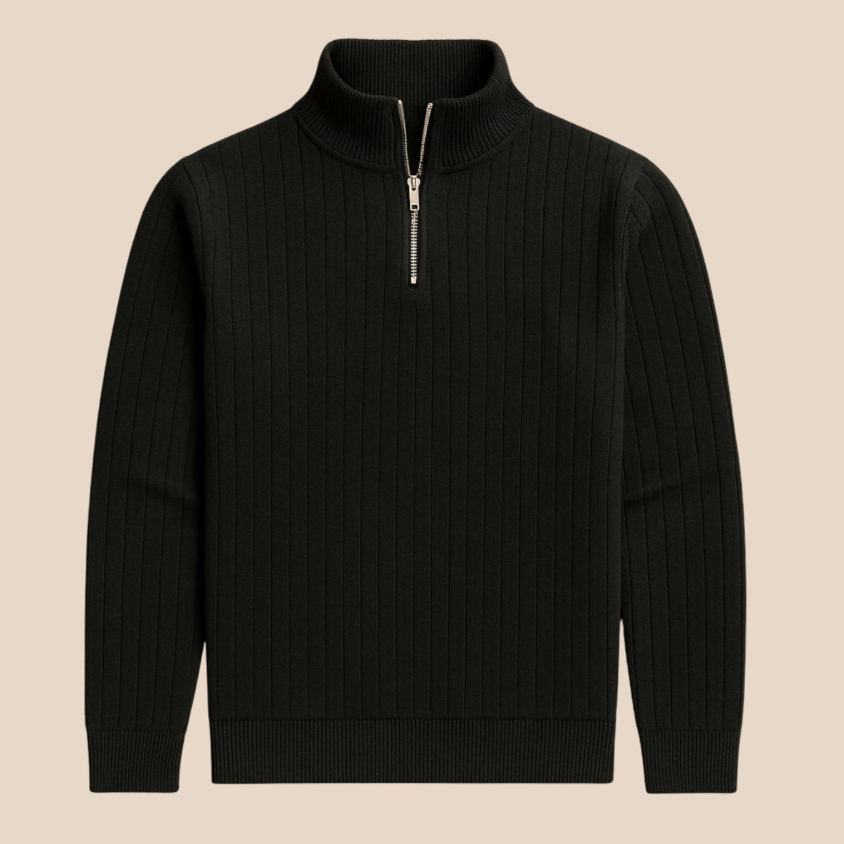 Black ribbed half-zip sweater with stand collar and metal zipper