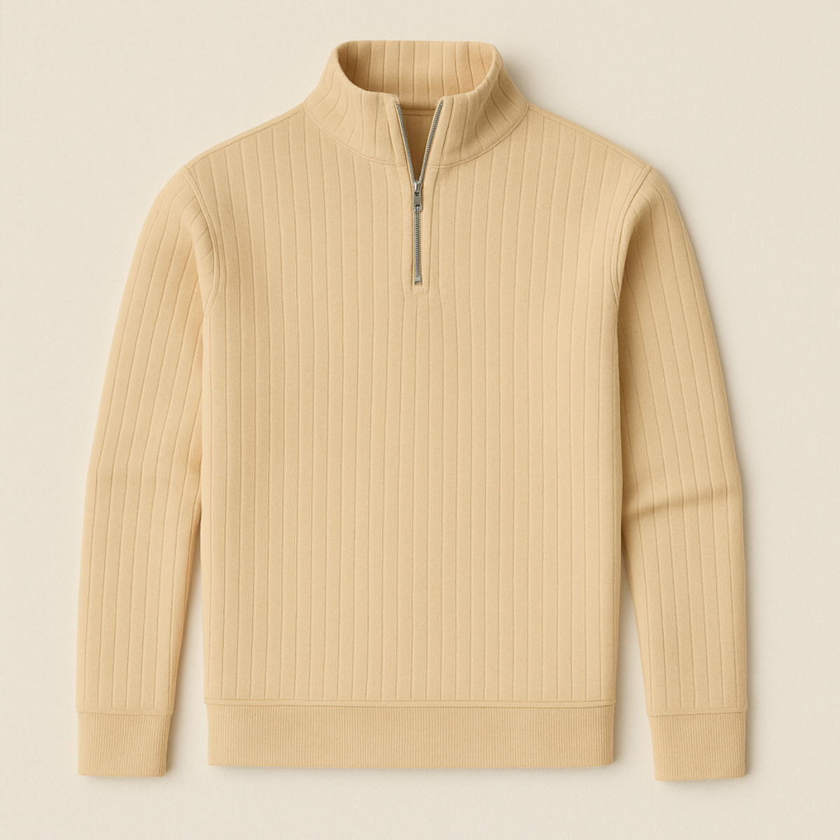 Khaki ribbed half-zip sweater with stand collar and zipper placket