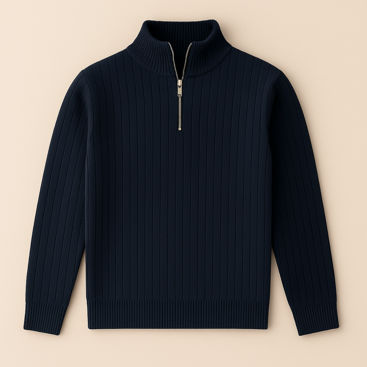 Men's ribbed half-zip sweater in navy blue, knit with stand collar and zipper.