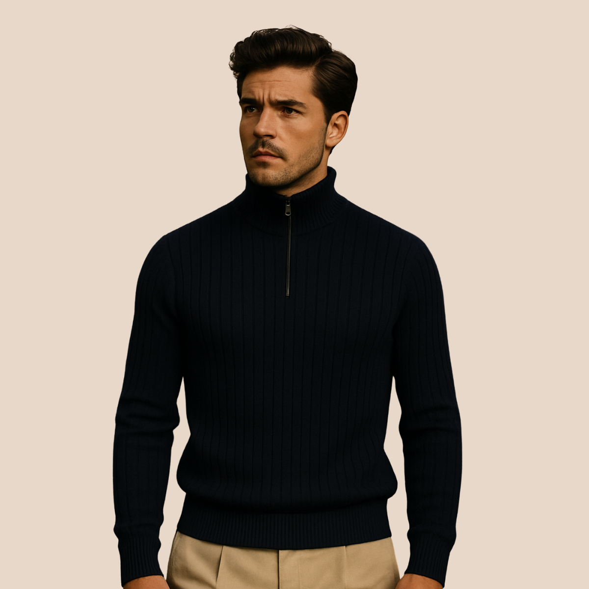 Men's ribbed half-zip sweater in navy blue, side view with high neckline zipper.