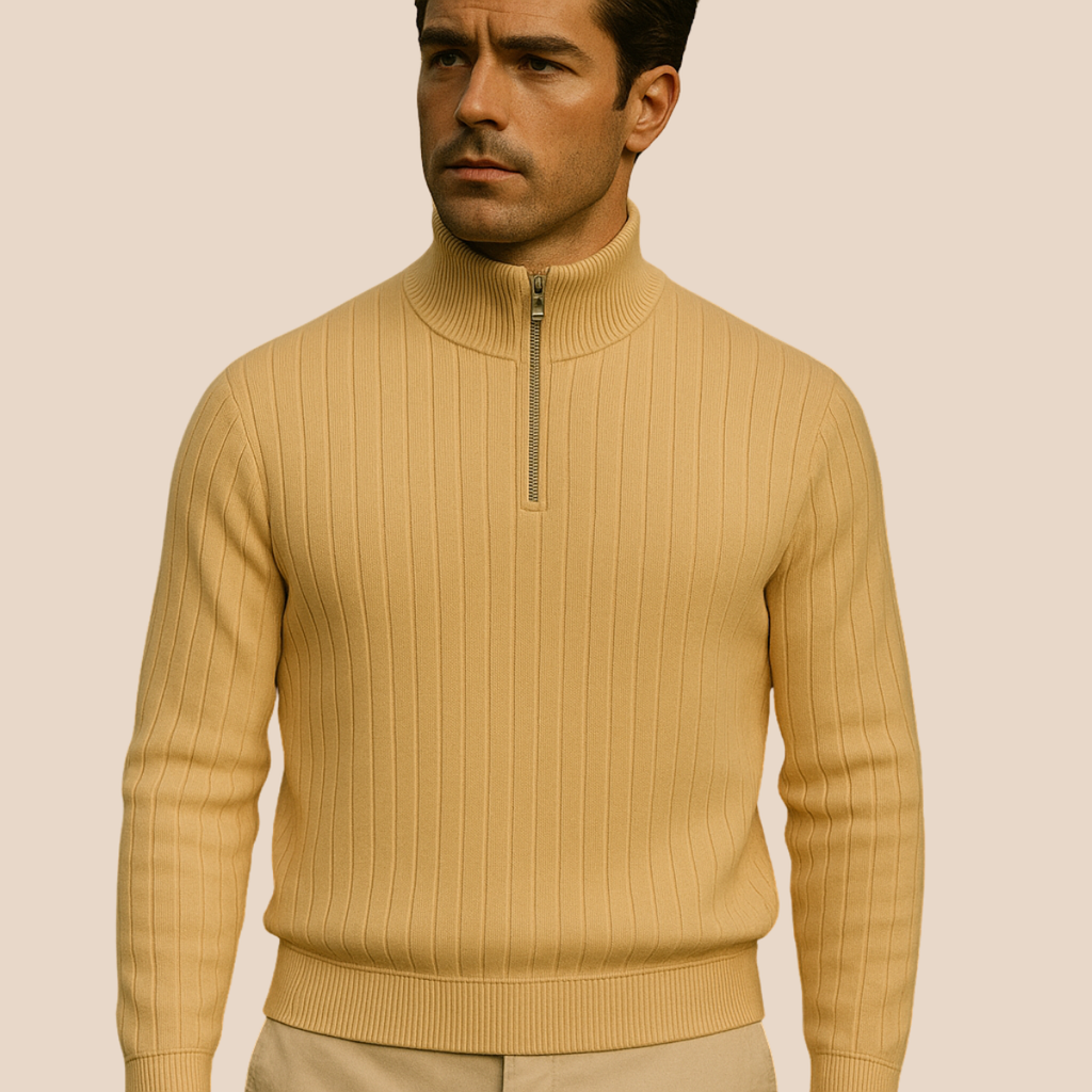 Men's ribbed half-zip sweater in light khaki, close-up of stand collar zipper.