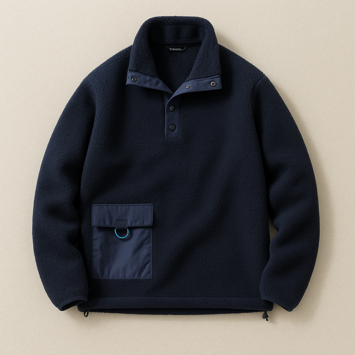 Navy fleece quarter-snap pullover sweater with stand collar and front chest pocket