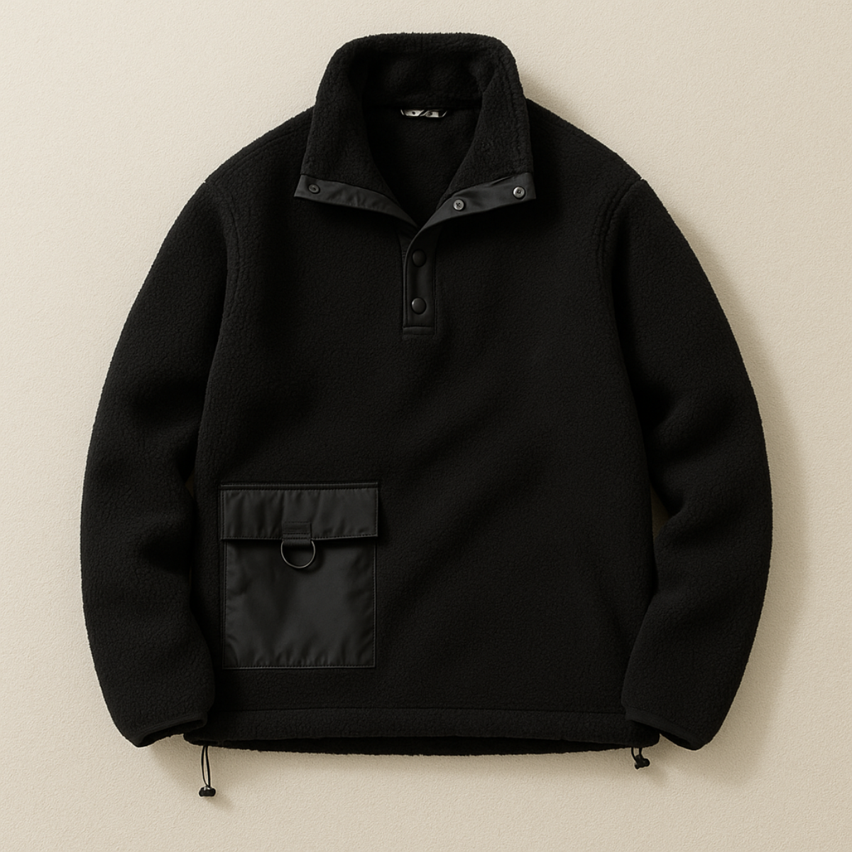 Black fleece quarter-snap pullover with mock neck and chest pocket, flat lay