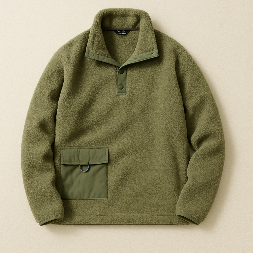 Olive fleece quarter-snap pullover with stand collar and front chest pocket