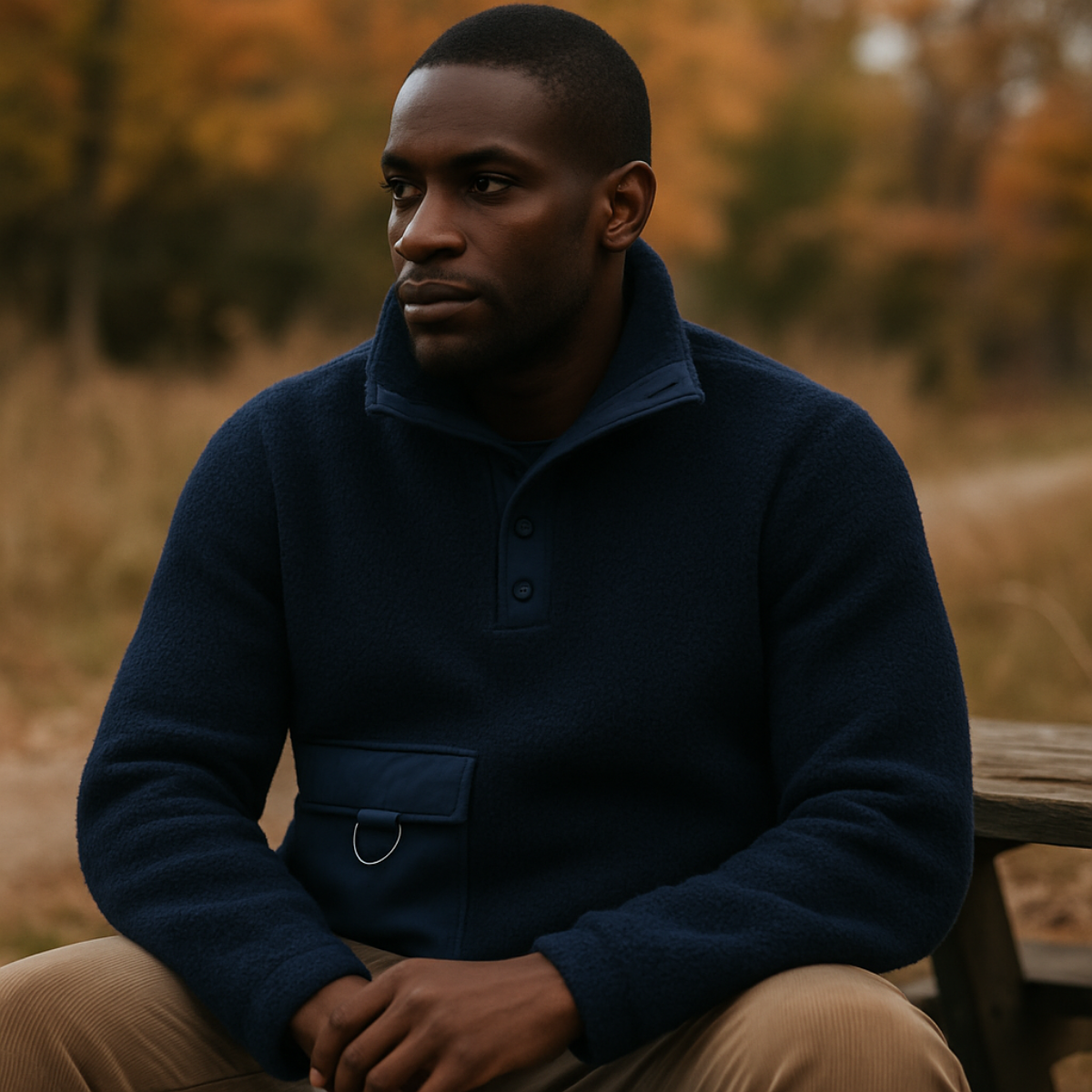 Navy fleece quarter-snap pullover with mock neck and chest pocket on model