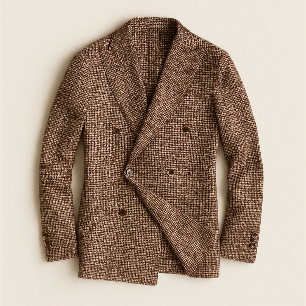 Brown houndstooth blazer with peak lapels and double-breasted button closure