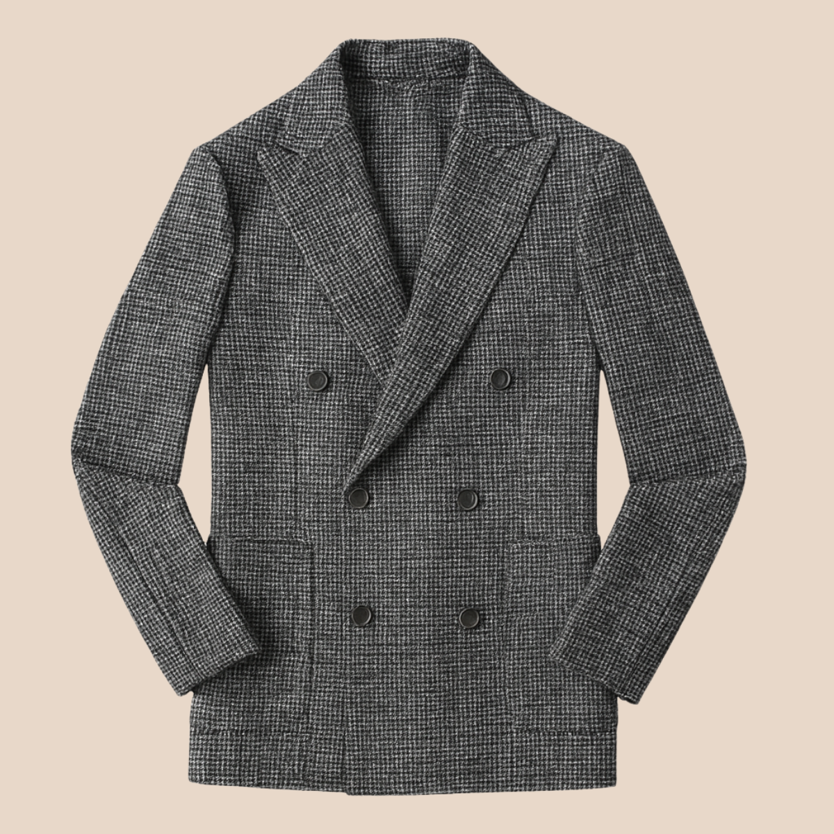 Gray houndstooth double-breasted blazer with peak lapels and decorative buttons
