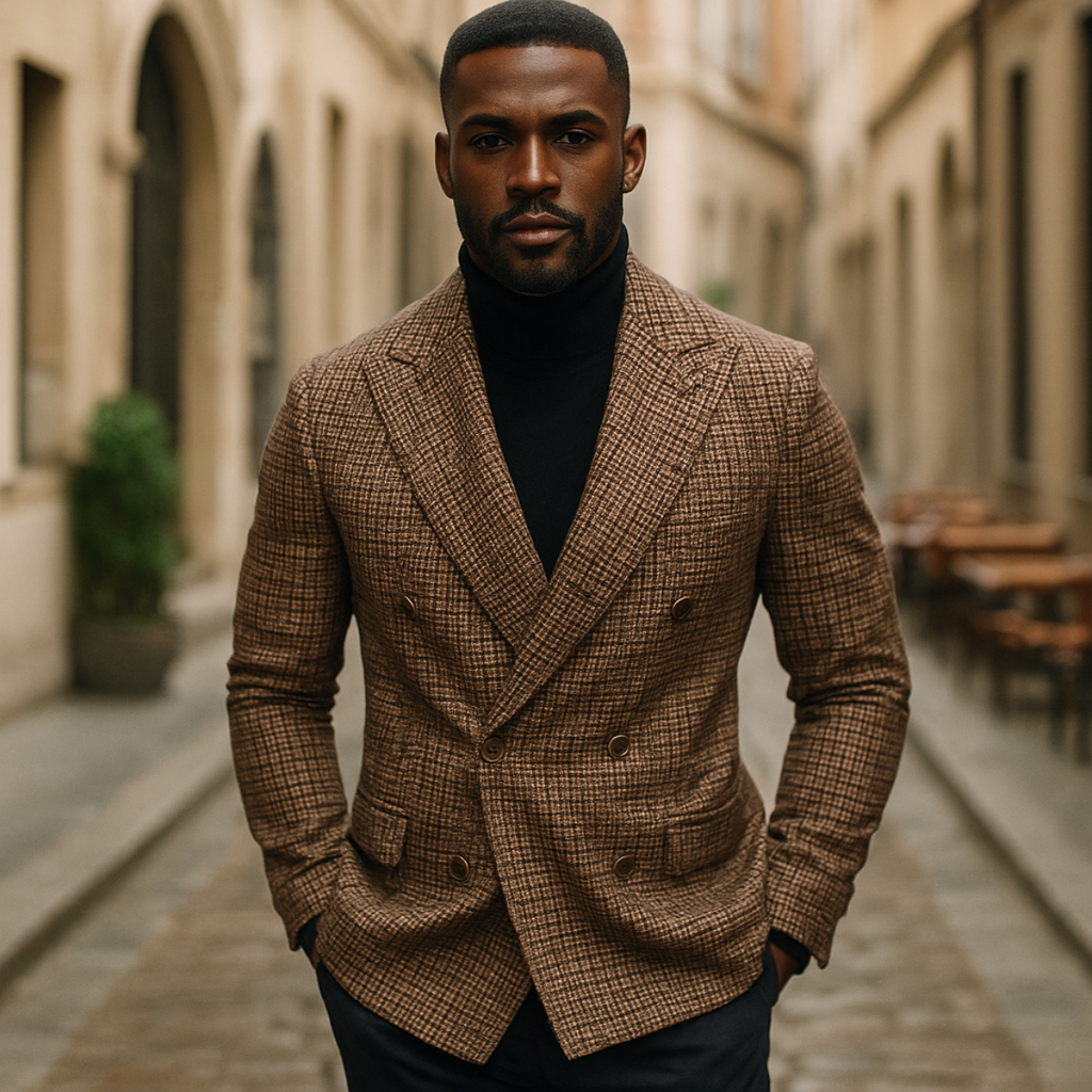 Brown houndstooth double-breasted blazer on model, peak lapels and button cuffs