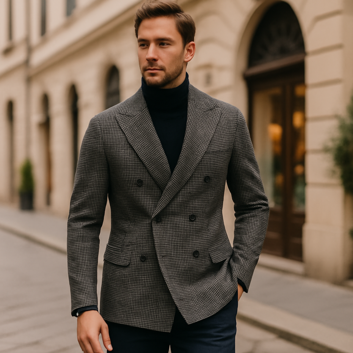 Gray houndstooth double-breasted blazer with peak lapels, worn over black top