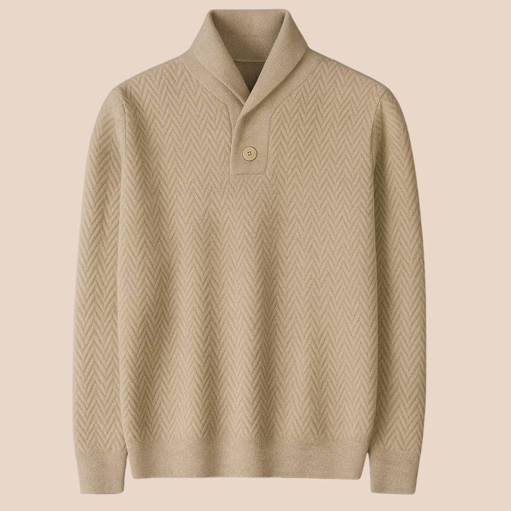 Camel cashmere v-neck sweater with button placket and chevron knit, ribbed cuffs