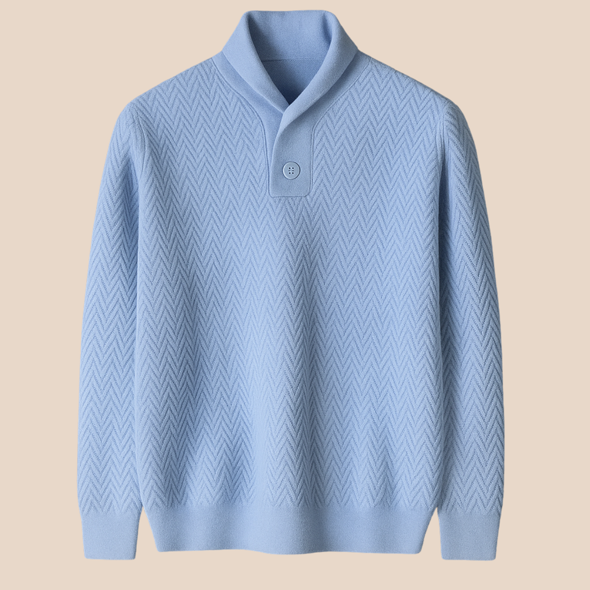 Light blue cashmere v-neck sweater with button placket and chevron knit pattern