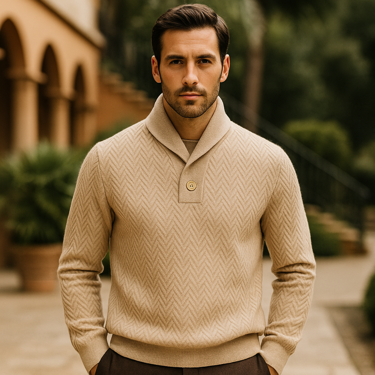 Camel cashmere v-neck sweater with button placket, ribbed hem and chevron knit