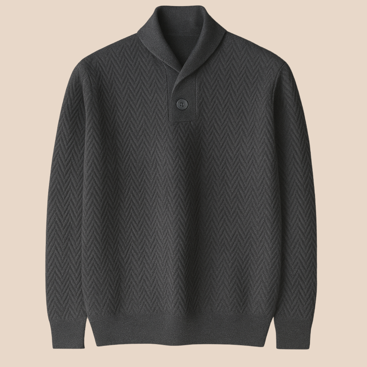 Dark grey cashmere v-neck sweater with button placket and chevron knit, ribbed trim