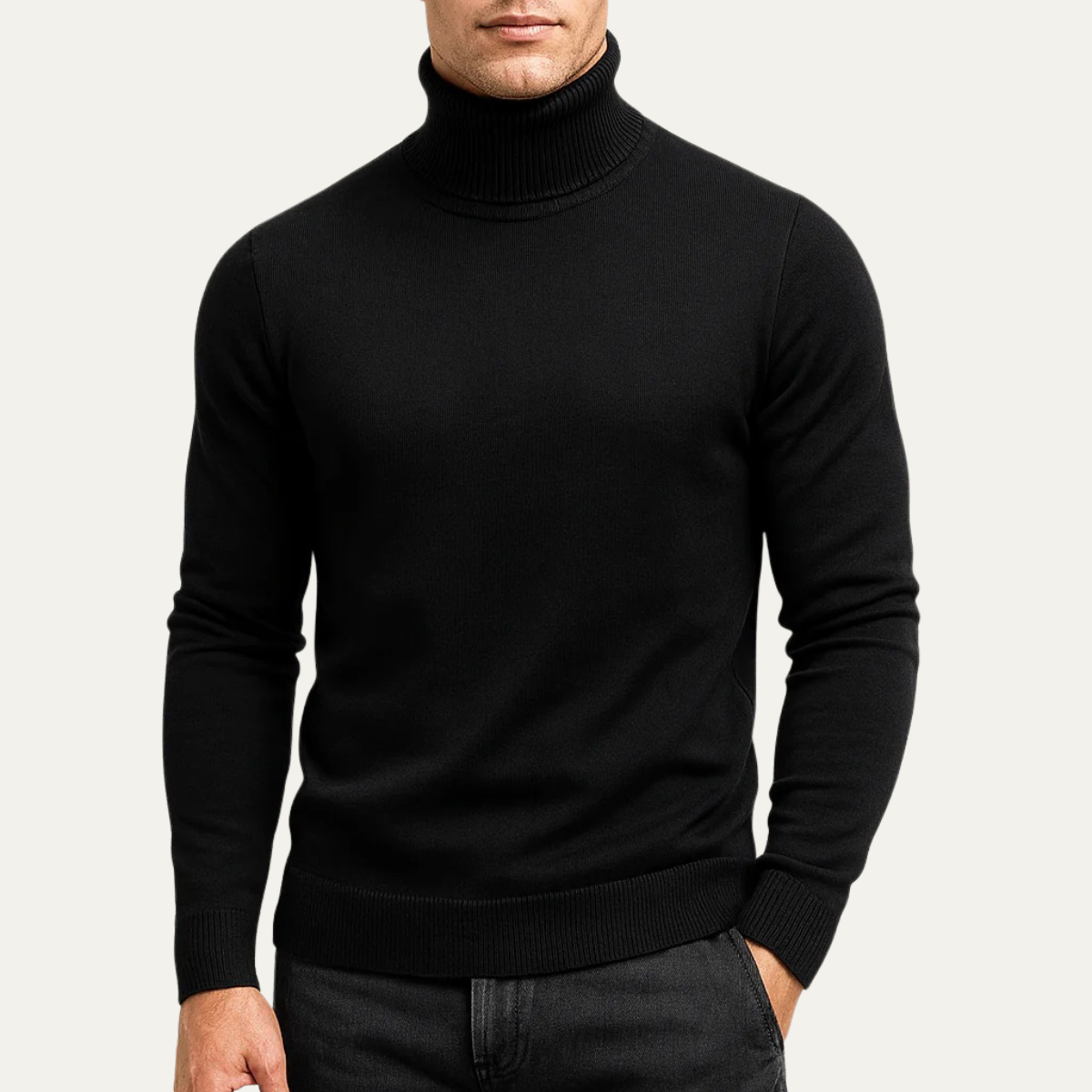Black men's turtleneck knit sweater with ribbed collar, cuffs, and hem
