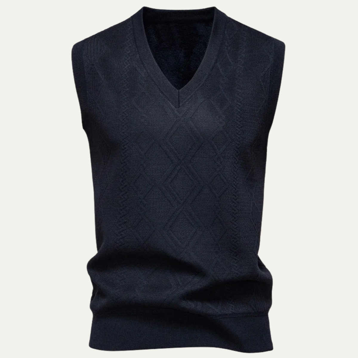Navy men's v-neck cable knit sweater vest with textured diamond pattern.