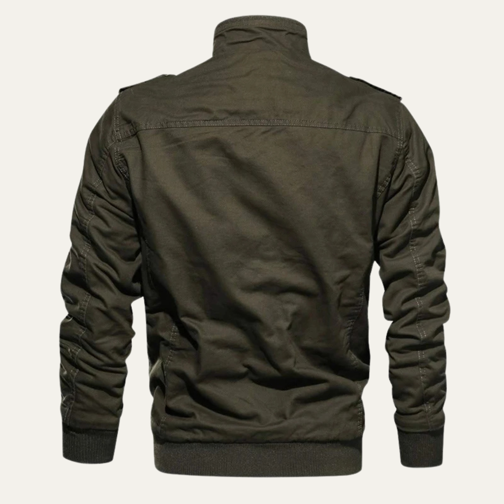 Army green men’s thermal zip-up fleece-lined jacket, back view with ribbed cuffs