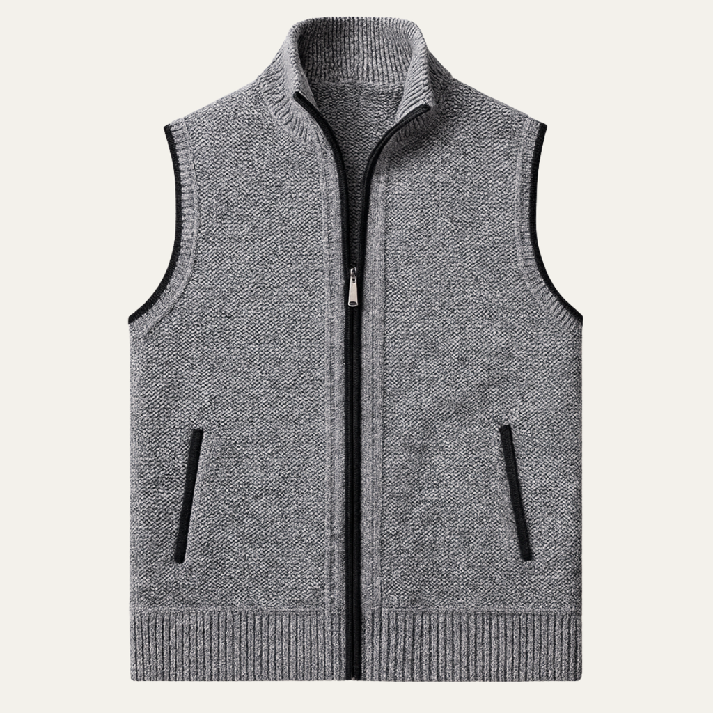 Light gray knit zip-up sweater vest with ribbed hem and side pockets