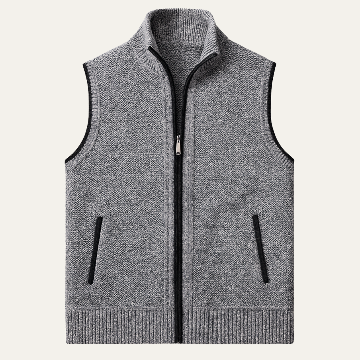 Light gray knit zip-up sweater vest with ribbed hem and side pockets