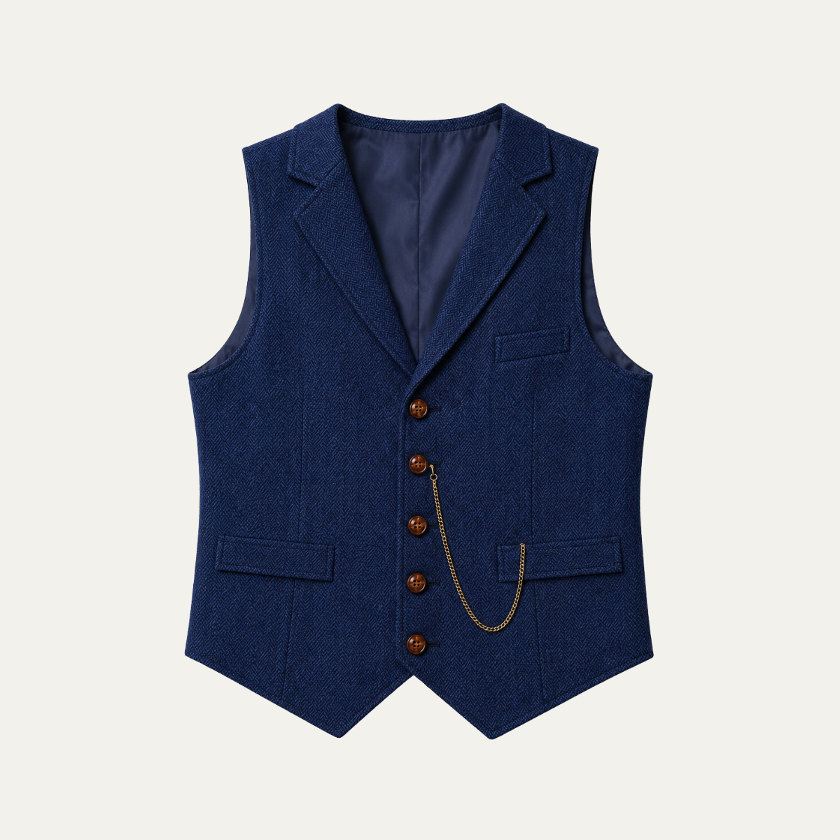 Navy tweed waistcoat with notch lapels, three front buttons, and welt pockets
