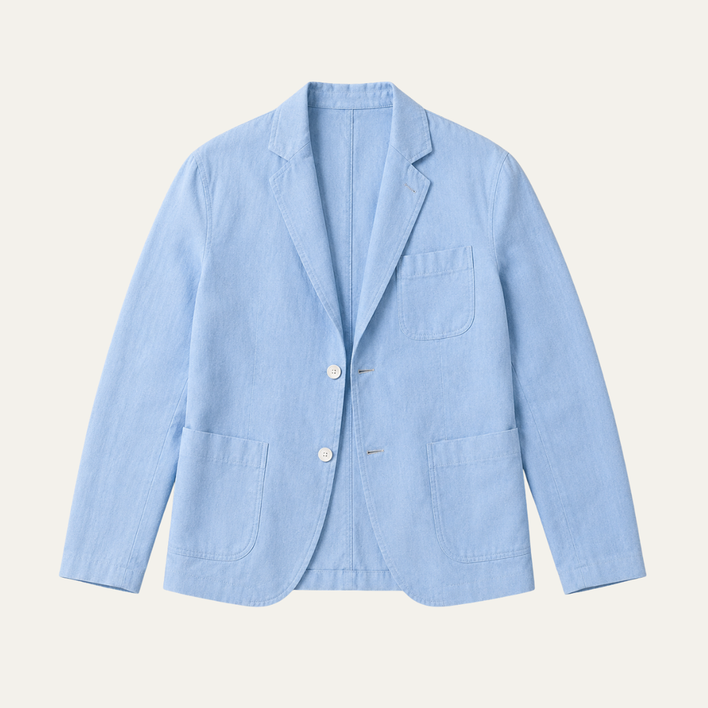 Men's light blue linen blazer with notch lapels, button front, flap pockets