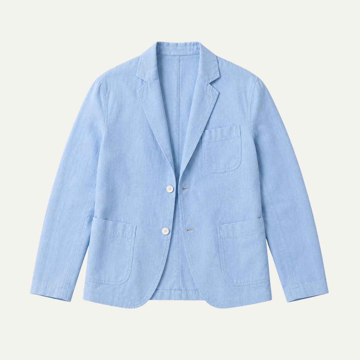 Men's light blue linen blazer with notch lapels, button front, flap pockets