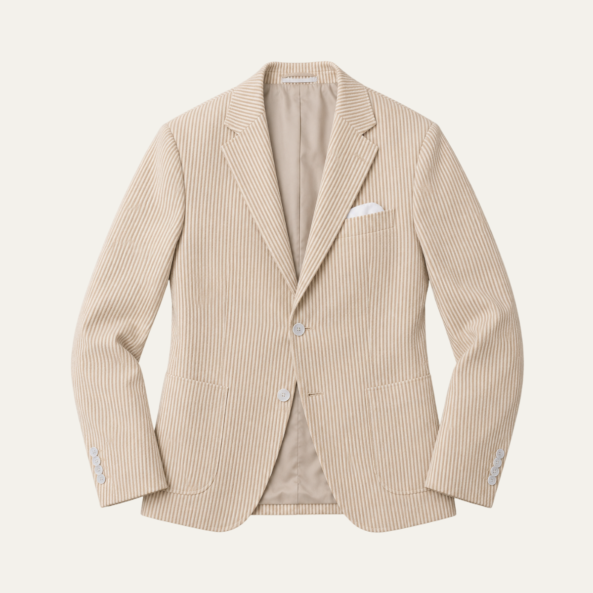 Men's smart blazer jacket with khaki pinstripes, notch lapels, flap pockets