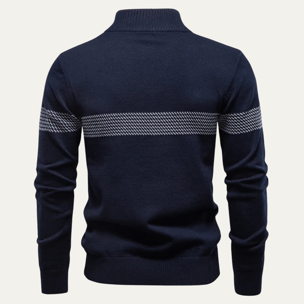 Men's navy knit half-zip sweater, back view, with patterned yoke stripe