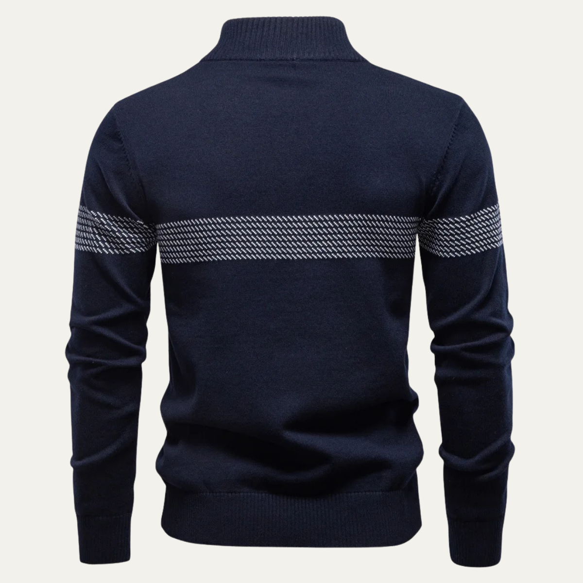 Men's navy knit half-zip sweater, back view, with patterned yoke stripe