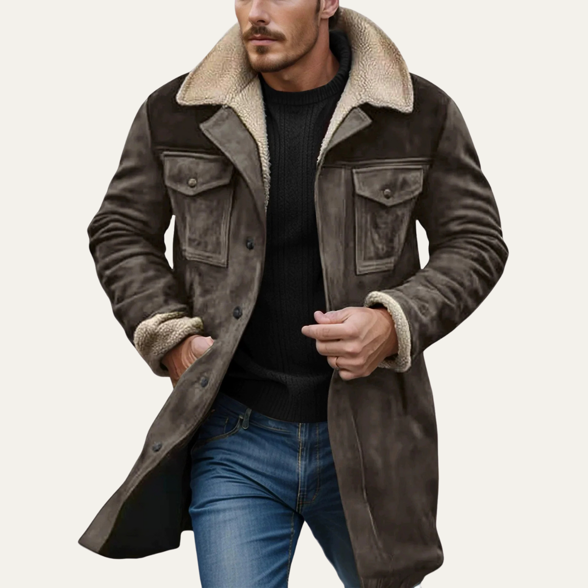 Men's shearling-lined vintage winter jacket in charcoal gray with tan sherpa collar