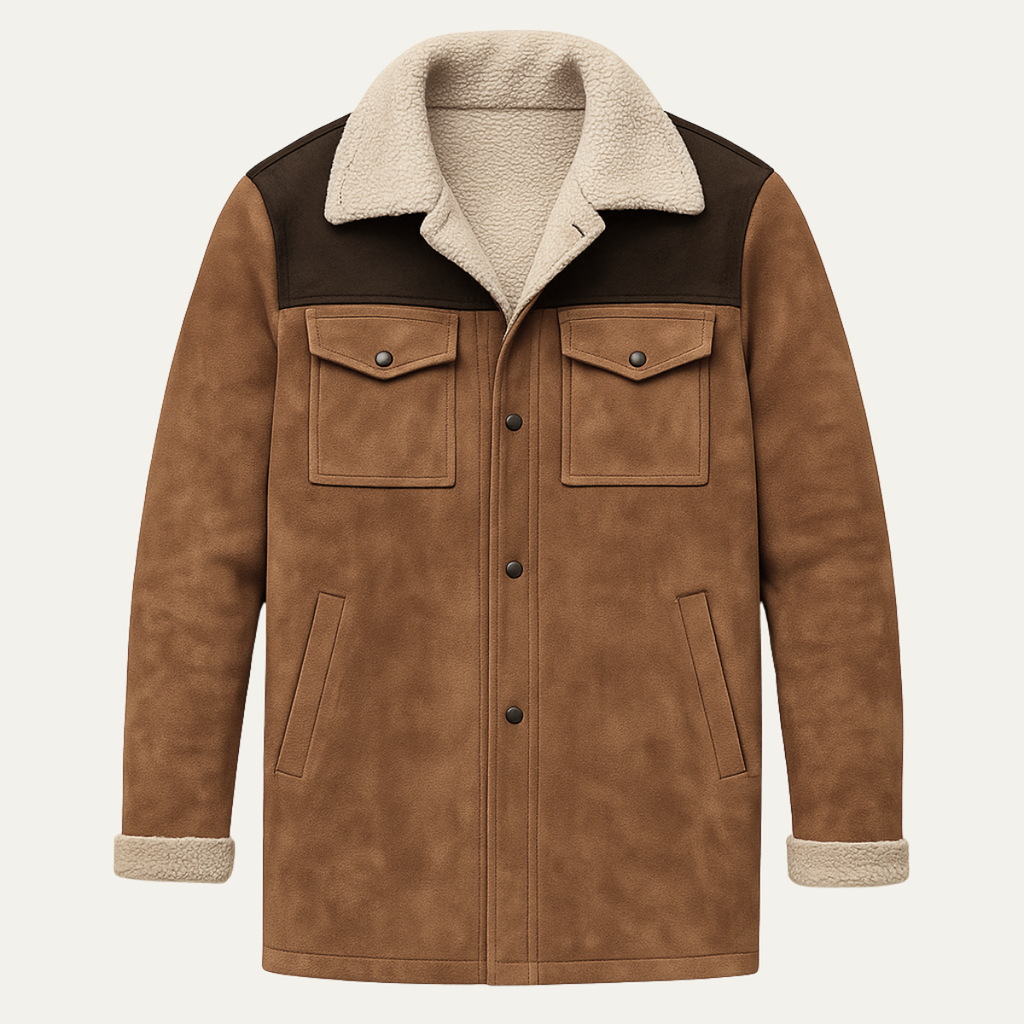 Men's shearling-lined vintage winter jacket in brown with tan sherpa collar