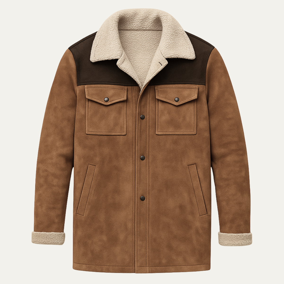 Men's shearling-lined vintage winter jacket in brown with tan sherpa collar