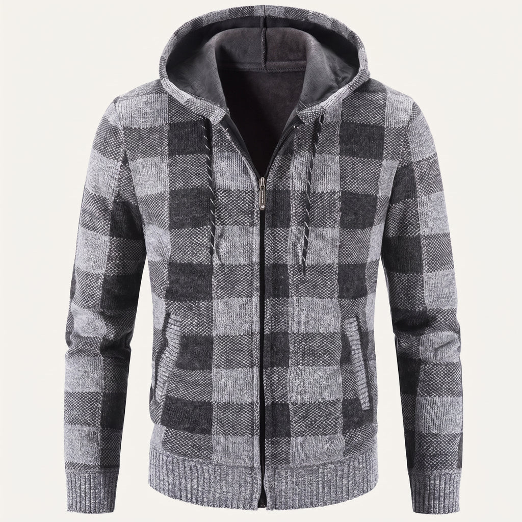 Men’s plaid zip-up hoodie in gray with black checks, hooded neckline, full front zipper