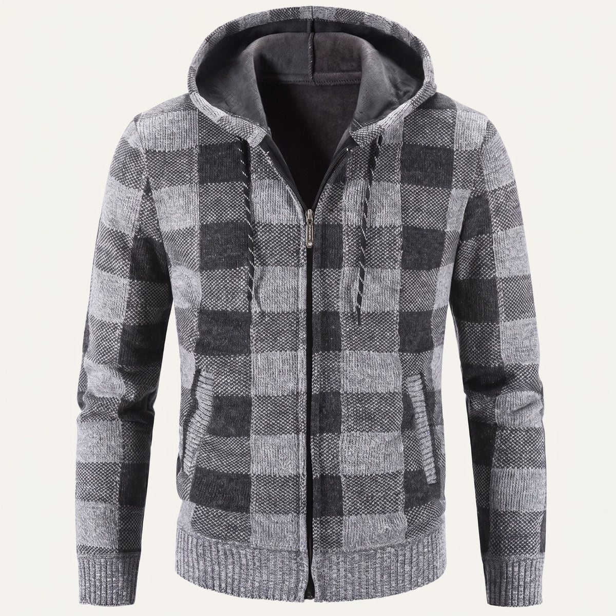 Men’s plaid zip-up hoodie in gray with black checks, hooded neckline, full front zipper