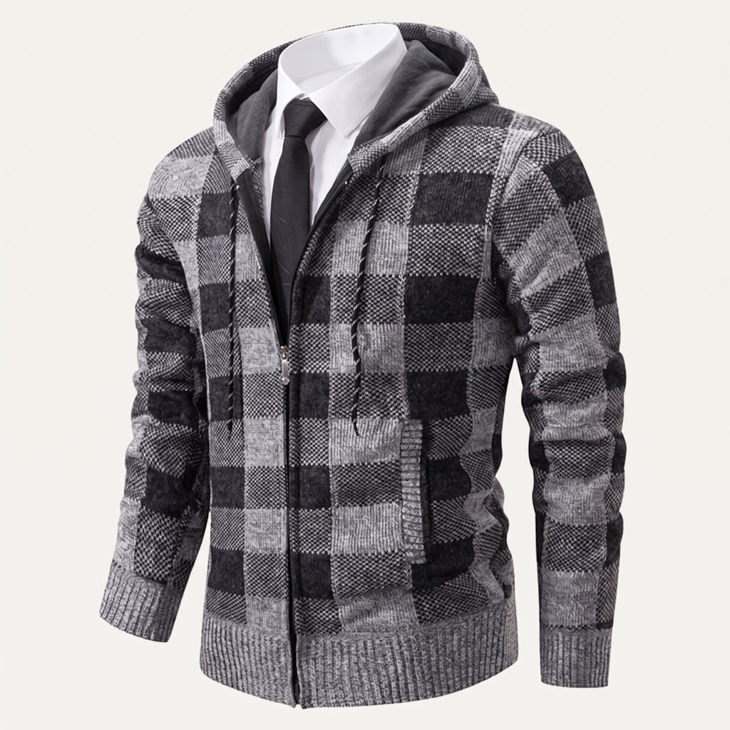 Men’s plaid zip-up hoodie with gray hood and drawstring, front zipper, ribbed cuffs