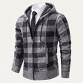 Men’s plaid zip-up hoodie with gray hood and drawstring, front zipper, ribbed cuffs