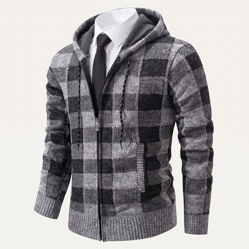 Men’s plaid zip-up hoodie with gray hood and drawstring, front zipper, ribbed cuffs
