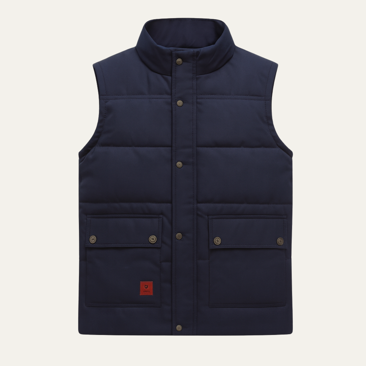 Men's warm fleece-lined winter vest, navy blue, stand collar, button front, two chest pockets