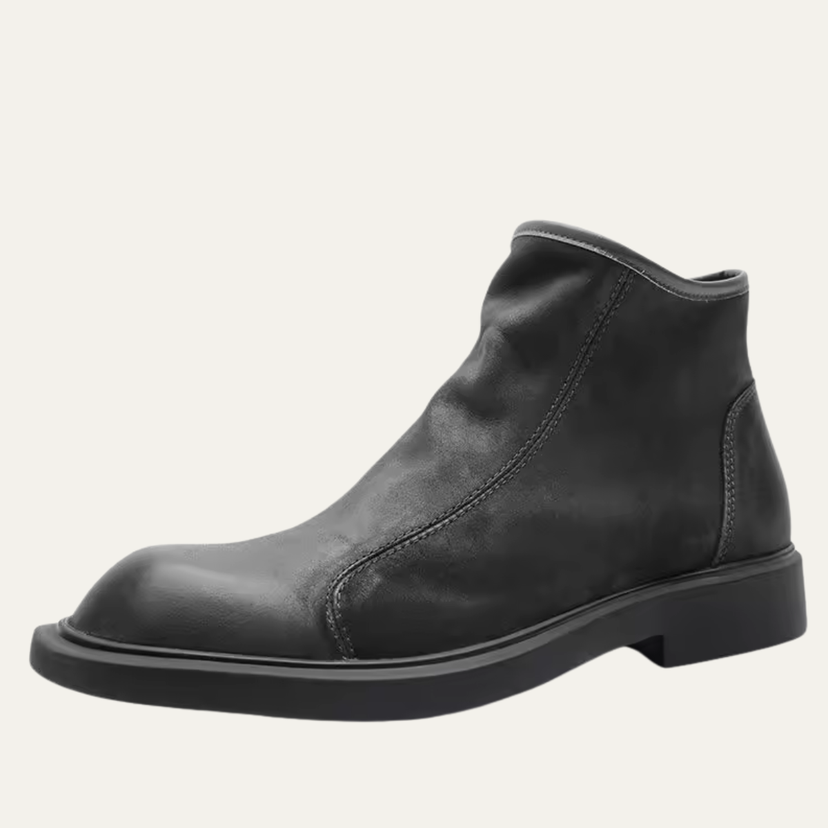 Men's warm plush zip-up leather ankle boot, black, low block heel, side zipper