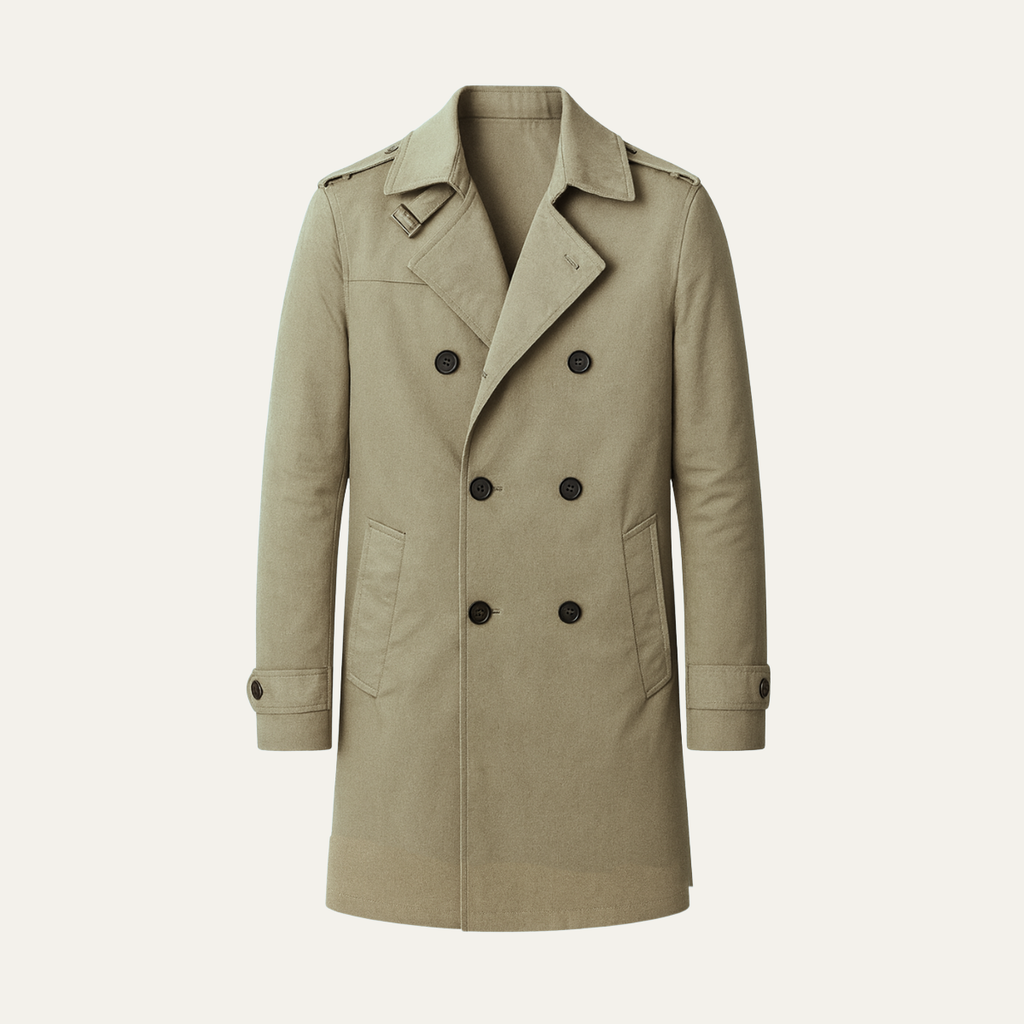Men's light khaki trench coat, notched collar with double-breasted button front and belt tabs
