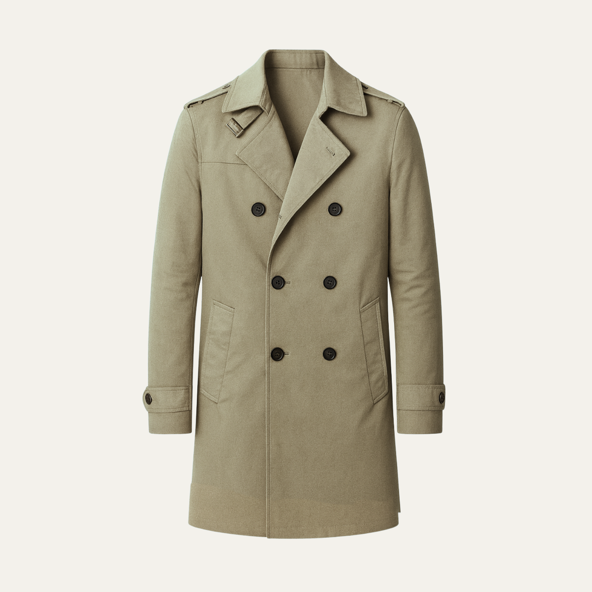 Men's light khaki trench coat, notched collar with double-breasted button front and belt tabs