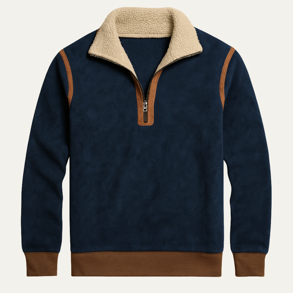 Men's navy quarter-zip sherpa-lined sweater with tan collar and brown zipper