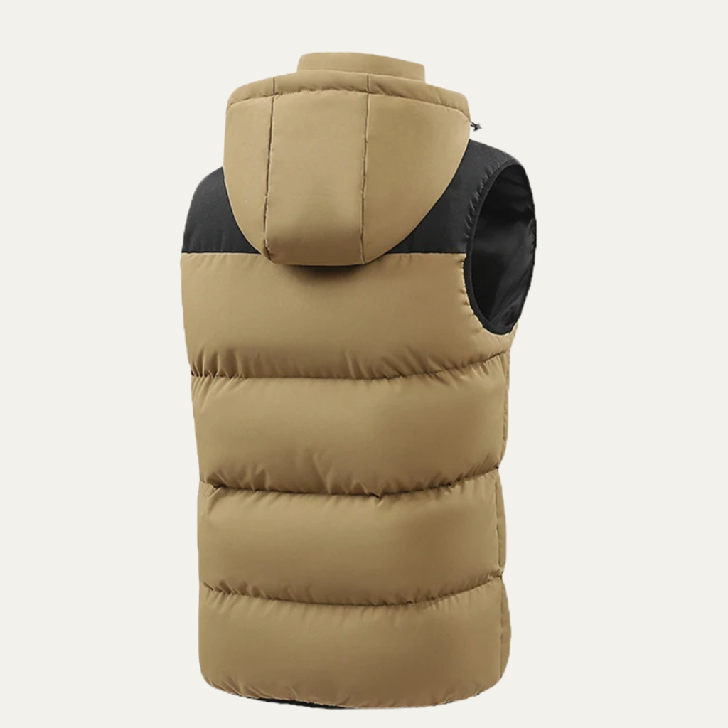 Men’s hooded puffer vest, back view, khaki with black side panels and zipper